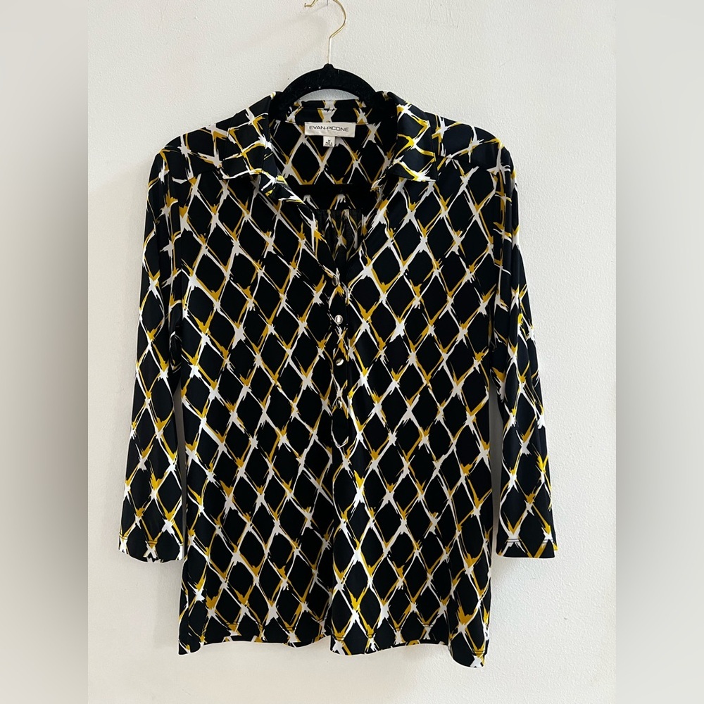 Evan Picone Geometric Print Blouse Medium Black Gold White 3/4 Sleeve Chic Top - Picture 2 of 5